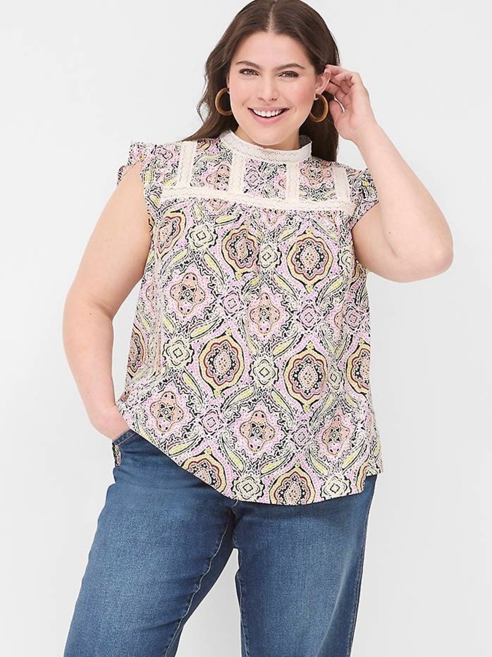 NWT Lane Bryant ‘Ruffle Cap-Sleeve Lace-Trim Top’ in “Multi Geo” Plus Size 22